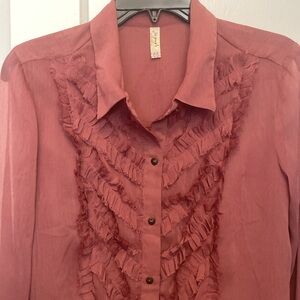 Free People Chiffon Semi-sheer Blouse Shirt Ruffle Raw Edge Detail Medium